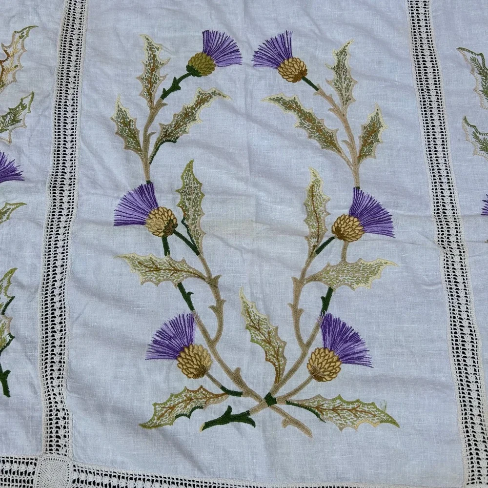 Vintage Hand Embroidered Irish Thistle Floral Table Cloth White Crochet Lace